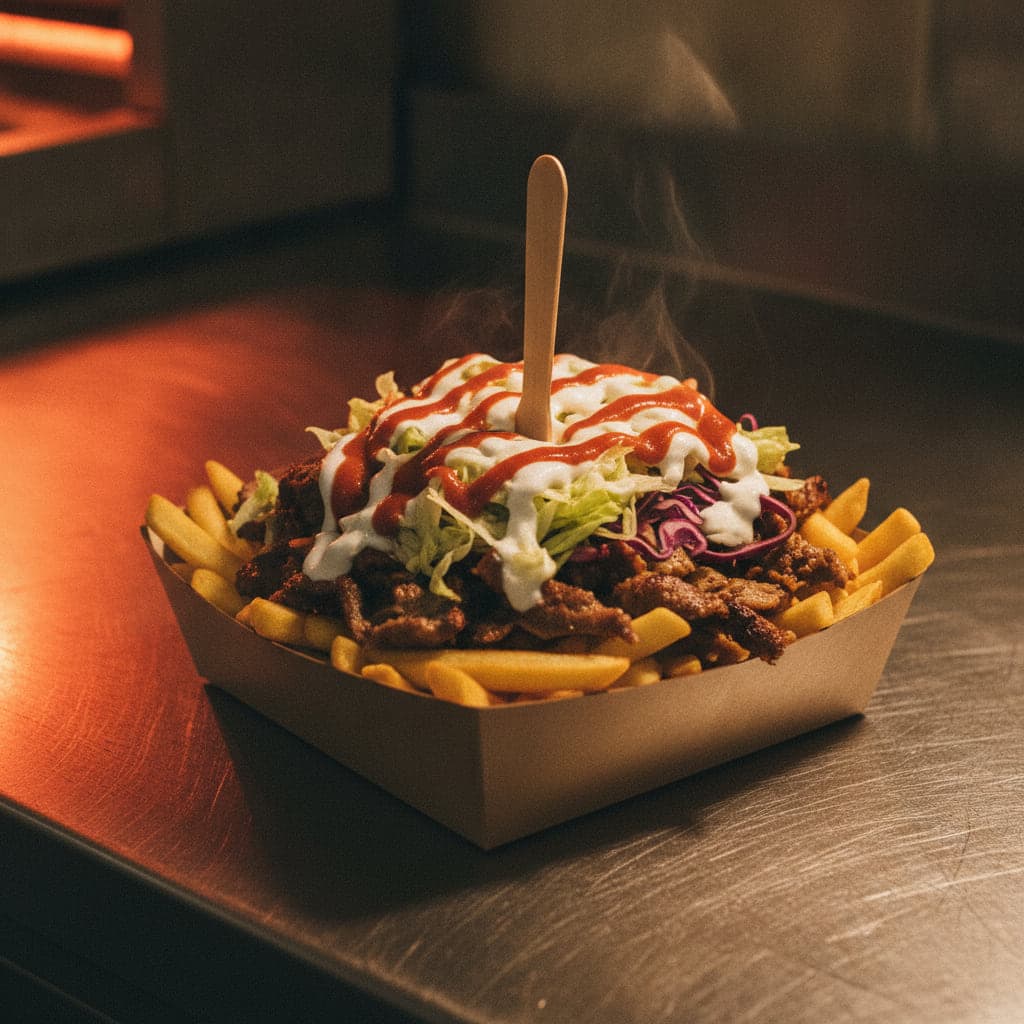 Pappbox mit Pommes, darauf Fleischscheiben, Salat, Rotkohl und zwei Soßenstreifen, eine Holzgabel steckt darin
