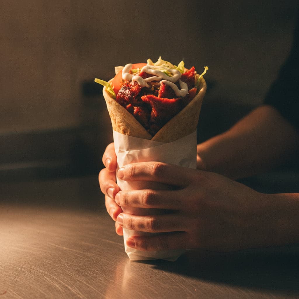 Ein Döner im Fladenbrot, in weißes Papier gewickelt, wird über einer Edelstahltheke in zwei Händen gehalten