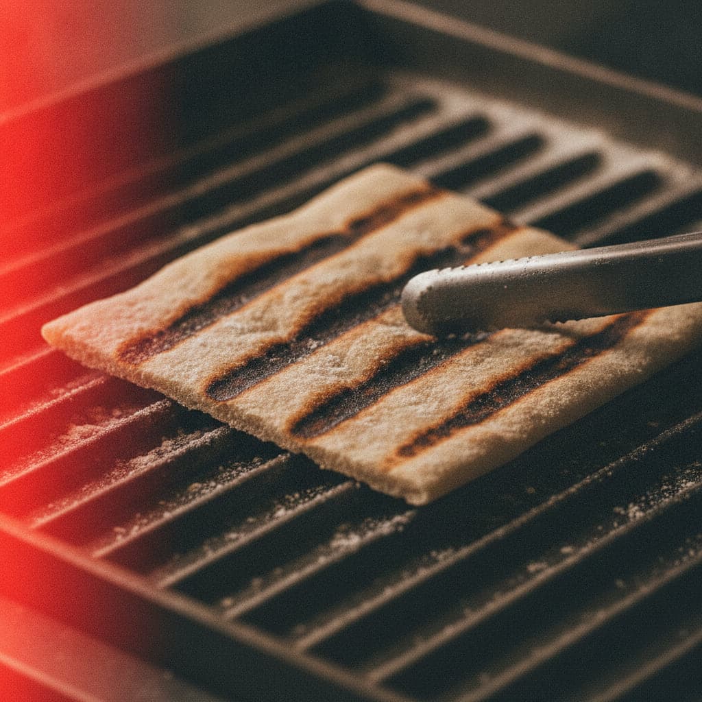 Fladenbrot wird mit einer Zange auf eine heiße Grillplatte gedrückt