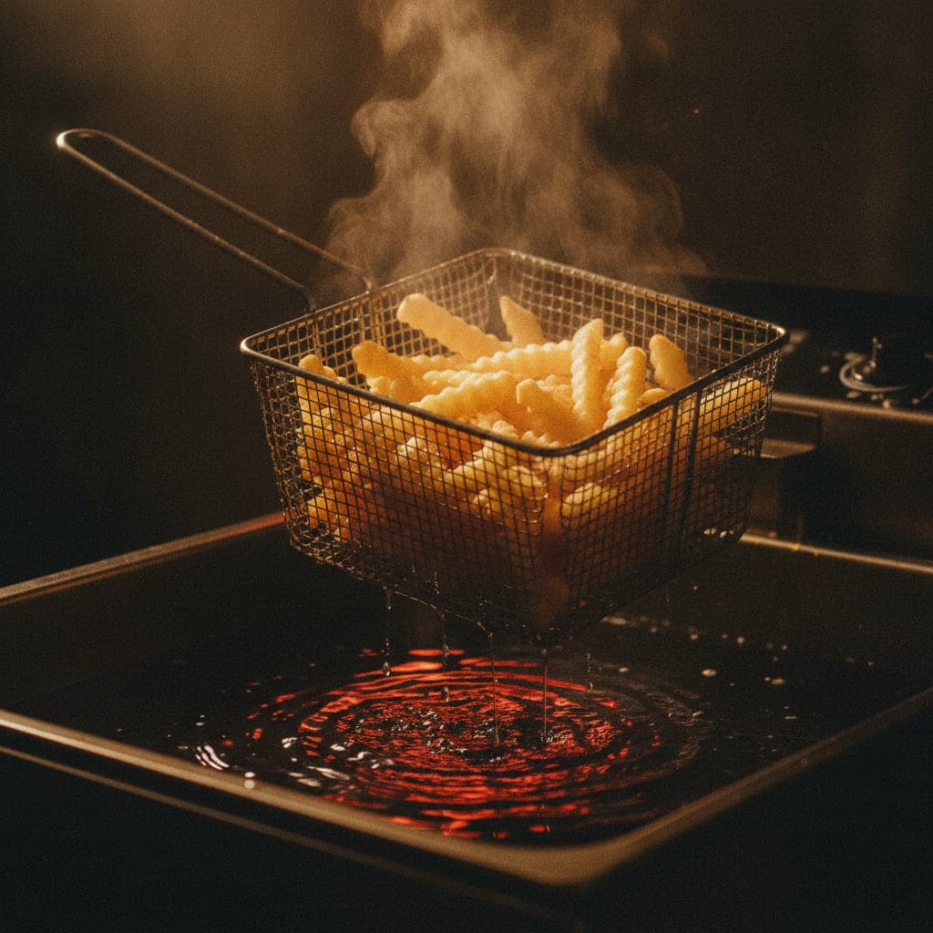 Frittierkorb wird aus dem heißen Öl gehoben, goldene Pommes dampfen
