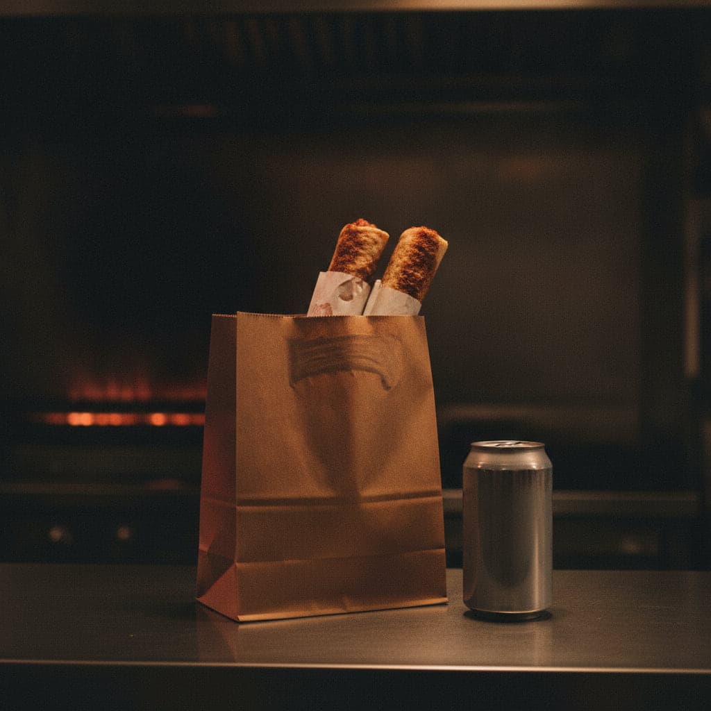 Papiertüte auf einer Edelstahltheke, zwei eingewickelte Döner lehnen heraus